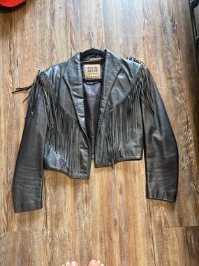 Black ADLER Cropped Leather Fringe Jacket for Women
